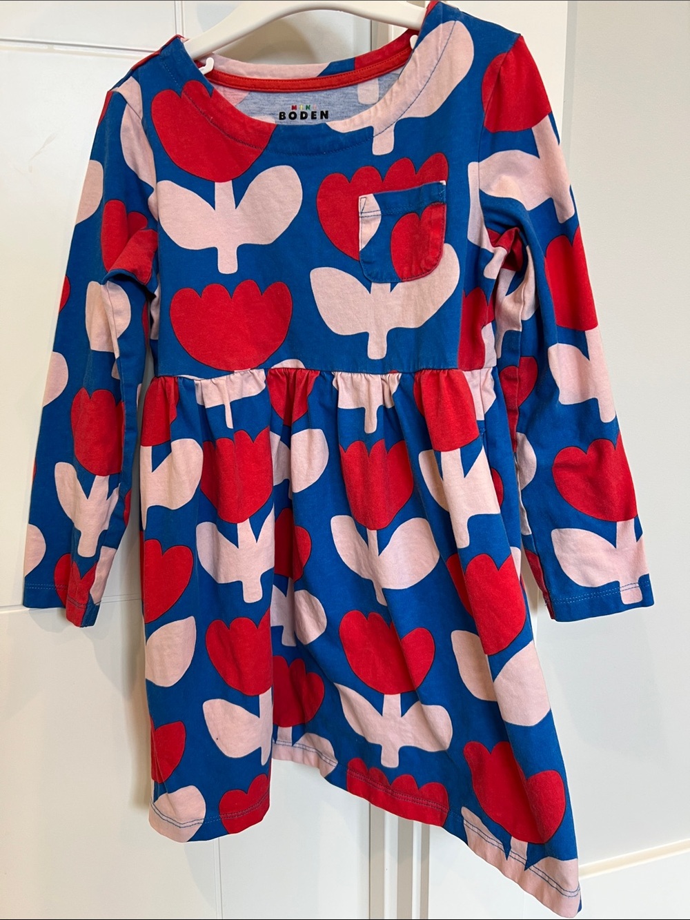 Mini Boden Kids’ Tulip Print Long Sleeve Cotton Dress, size 6-7Y
